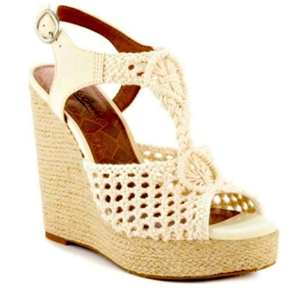 Lucky Brand Cream Crochet Espadrille Wedge Sandals Size 8 Boho Platform Open Toe